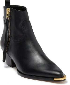 Schutz Tracy Women's Black Leather Pointed Toe Ankle Bootie Gold Tip -6.5 NWT